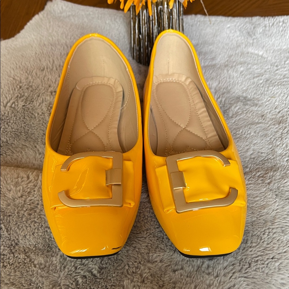 SHEIN Yellow Patent Loafers with Gold Buckle Accent